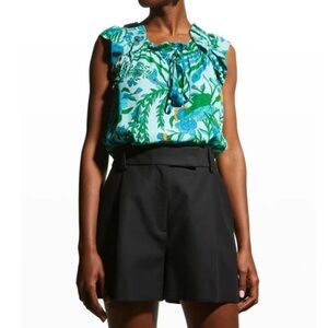 Figue Gianna drawstring ruffle top blouse self tie tassel floral turquoise sz xs